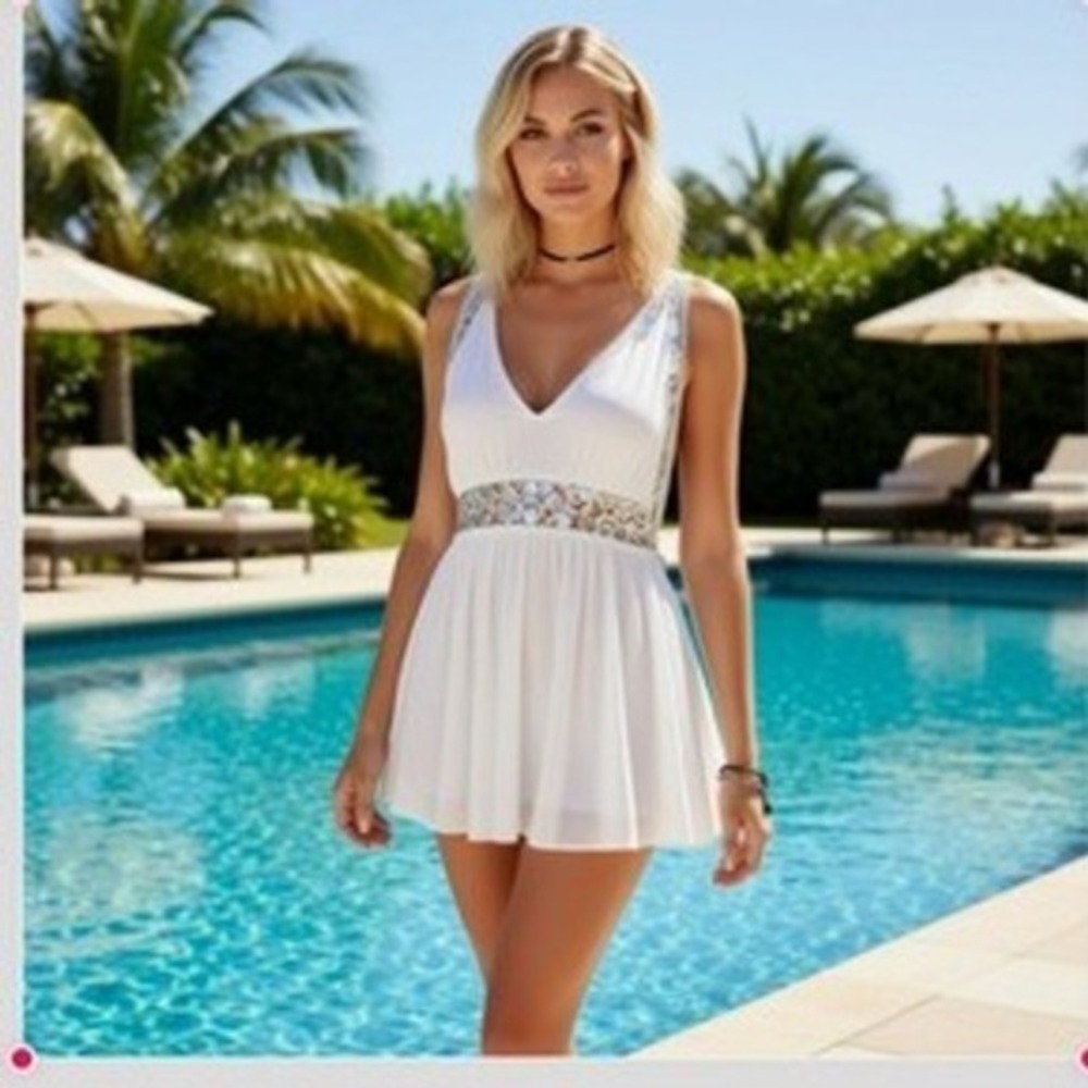 Surf Gypsy White‎ Crochet Lace Open Back Boho Mini Dress Beach Cover Up Tunic